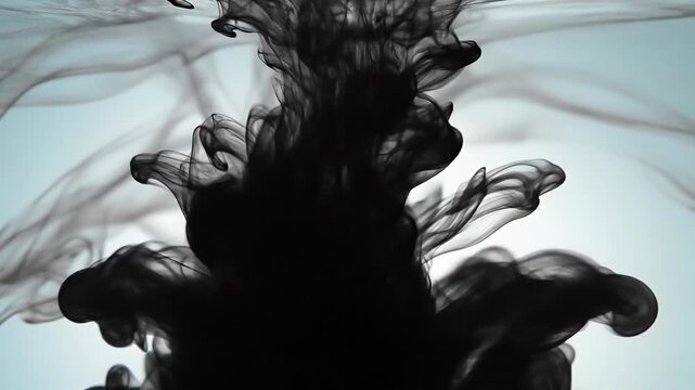 Black ink swirling in water with abstract smoke-like patterns on light background