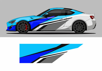 Fototapeta premium Blue and gray sports car with dynamic racing stripes