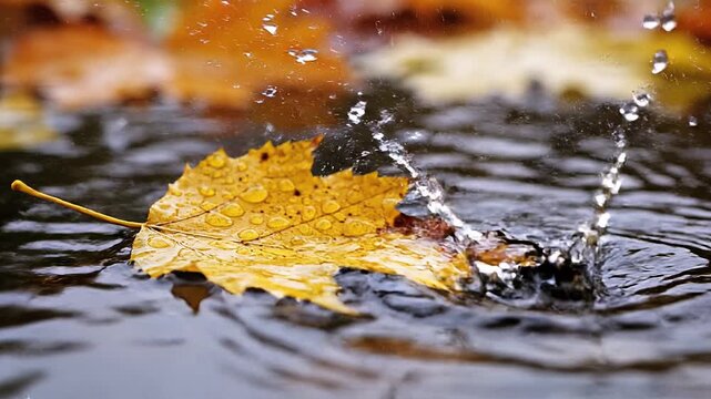 Yellow autumn maple leaf floating on water during rain