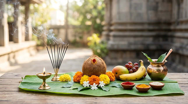 Traditional Hindu religious offering on a banana leaf