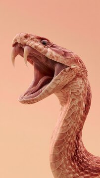 Aggressive Red Snake with Open Mouth and Long Fangs on Pastel Background