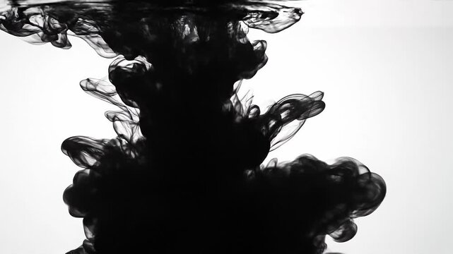 Black ink swirling in water with abstract smoke fluid motion on white background