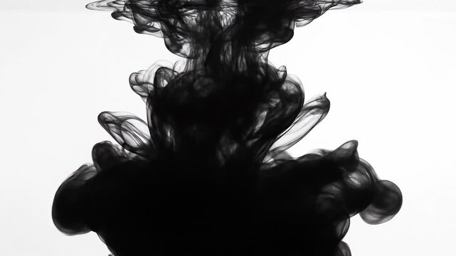 Black ink swirling in water creating abstract smoky patterns on white background