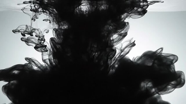 Abstract black ink swirling in clear water creating artistic fluid shapes and smoke effect