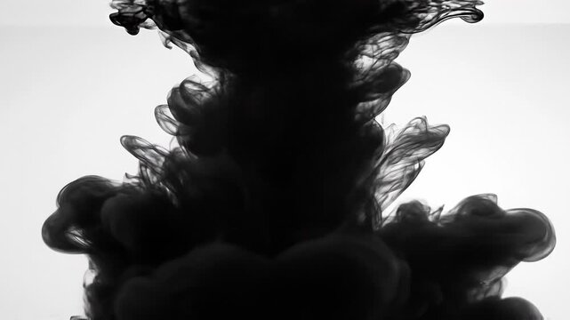 Abstract black ink swirling in water with dynamic fluid motion on white background