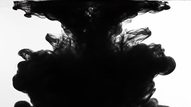 Black ink swirling in water with soft abstract shapes and fluid motion on white background