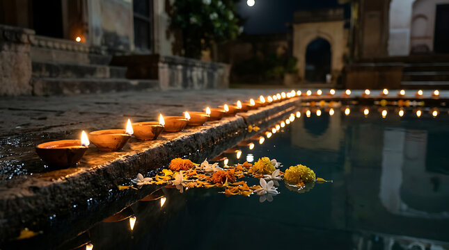 Clay oil lamps lit around water pool at night