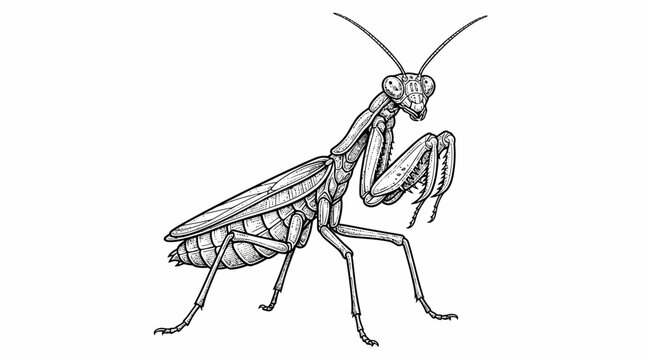 Praying mantis stands in a defensive posture with its forelegs raised to create a detailed scientific illustration that showcases the intricate anatomy of this fascinating predatory insect.