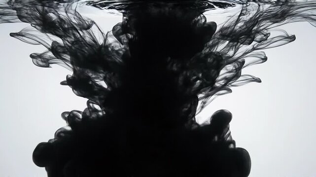 Black ink swirling in water creating abstract smoke effect with white background artistic fluid motion