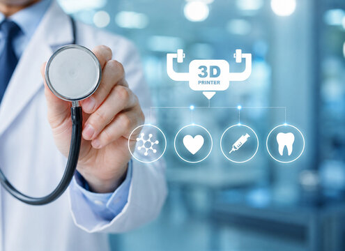 AI generated doctor stethoscope 3D printer medical interface representing healthcare innovation biotechnology dental medicine advanced medical technology