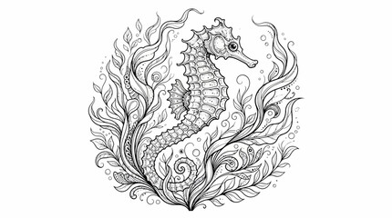 Obraz premium Seahorse swimming gracefully among swirling seaweed and aquatic plants is rendered in an intricate monochrome line art style that highlights the delicate patterns of marine life in the deep ocean.