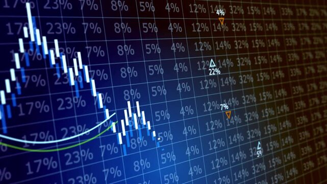 Financial data analysis showing stock market trends with digital candlestick graphs and percentage indicators on a dark background
