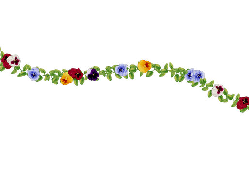 Wavy floral vine border with colorful pansy flowers with Candy Decorations, Leaves, Shapes and Alphabet Symbols for Birthday and Spring Design