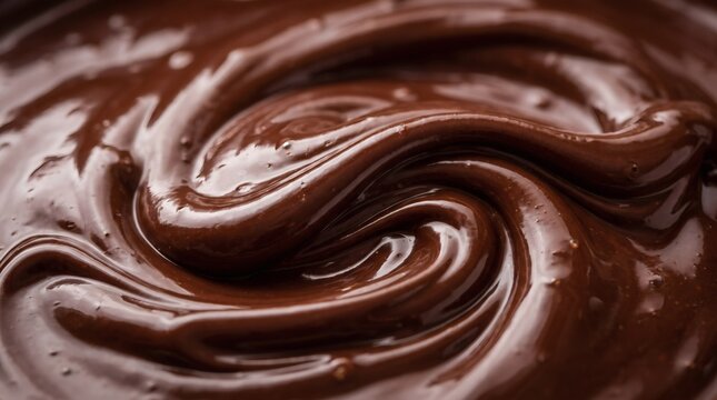 Close-up macro shot of swirling dark chocolate ganache with glossy texture.