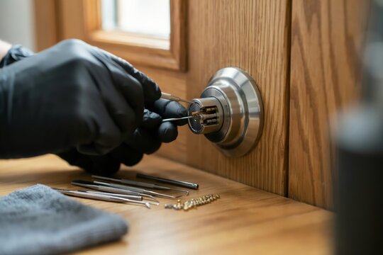 Professional locksmith using specialized tools to repair or rekey a door lock cylinder in a residential setting