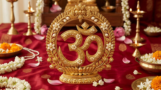 Golden Om symbol with floral ornaments on red cloth