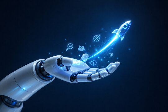 AI generated robotic hand launching glowing rocket digital business icons representing artificial intelligence innovation startup growth automation future technology