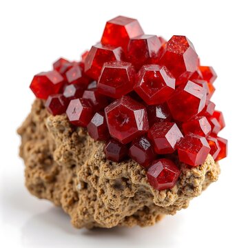 Red cubic crystal cluster growing on rough natural rock matrix