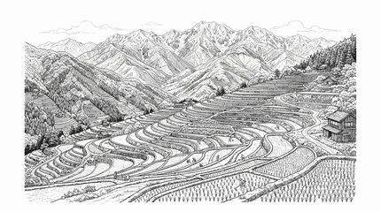 Fototapeta premium Rice terraces carve intricate patterns into the steep mountainside in a traditional agricultural landscape that highlights sustainable farming methods and rural heritage in a scenic highland region.