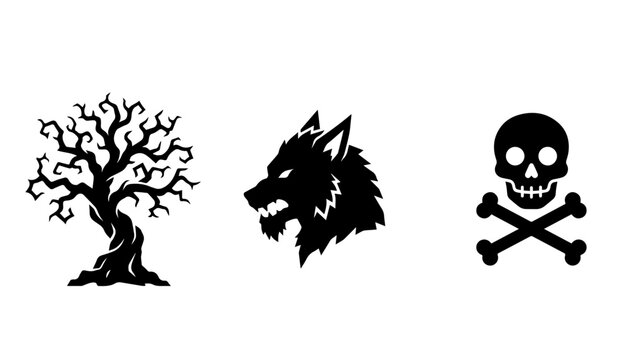 A set of three black silhouettes featuring a bare tree, a wolf, and a skull with crossbones.