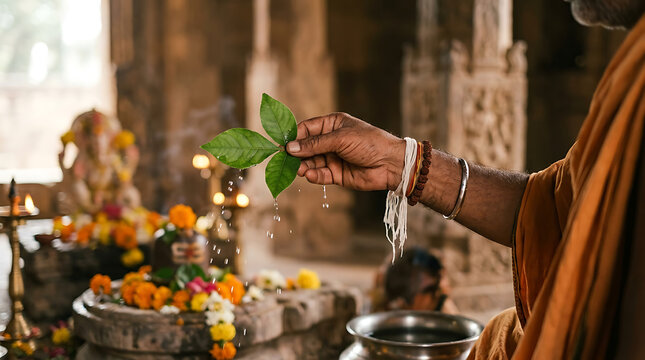 Hand of priest sprinkling holy water during ritual