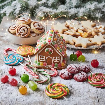 A festive holiday table setting features a gingerbread house adorned with colorful candies, gumdrops, and icing. Surrounding the house are various sweet treats.
