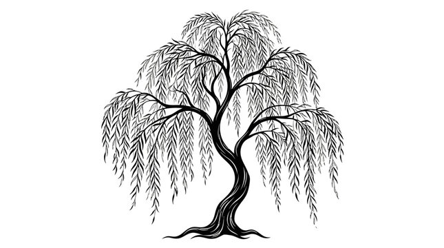 Weeping willow tree with cascading branches and detailed bark textures stands alone as a classic botanical illustration representing peace and serenity in a clean and minimalist graphic design.