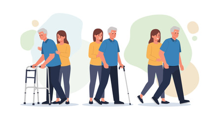 Fototapeta premium Caregiver assisting elderly man with walker, cane, and walking