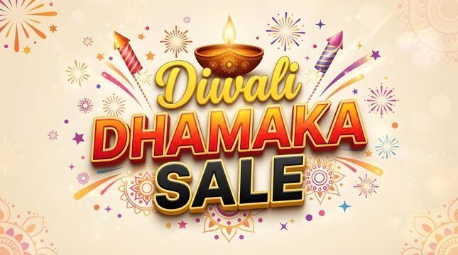 Diwali dhamaka sale promotional graphic with a glowing diya lamp, colorful fireworks, and traditional patterns on a light cream background