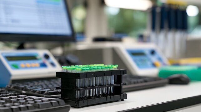 A rack of test tubes with green caps sits on a lab bench near computer equipment and scientific instruments