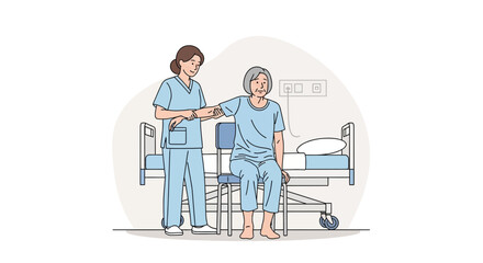 Fototapeta premium Nurse assists elderly woman to stand from chair in hospital room