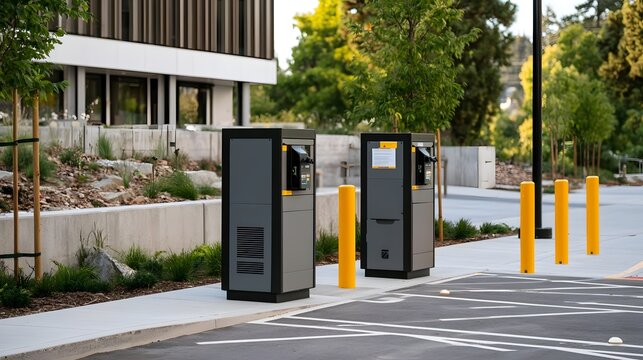 Two modern utility kiosks stand in a paved parking area beside a landscaped sidewalk with yellow bollards and green trees