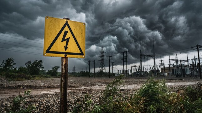 High voltage electrical hazard warning sign near power substation during severe thunderstorm
