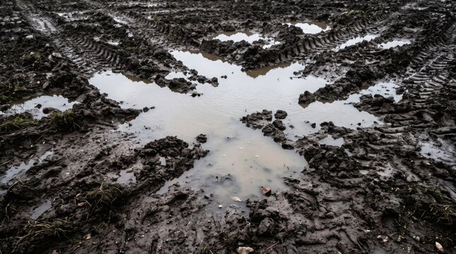 Muddy Field with Tire Tracks and Puddles After Rain.