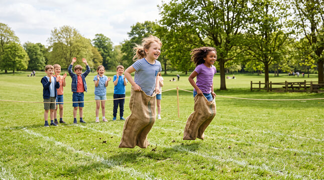 Group of happy children competing in a fun sack race during an outdoor sports day in a park.