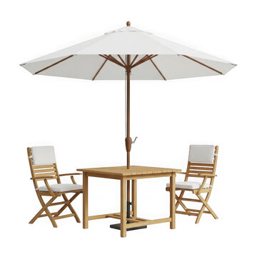 Wooden patio table and folding chairs set with a large white sun umbrella for outdoor relaxation in a garden or terrace isolated on white background