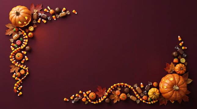 Autumn harvest arrangement with pumpkins and colorful fall leaves on dark background