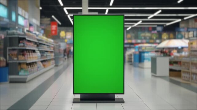 Digital Kiosk Green Screen Display in Retail Supermarket for Premium Brand Advertising Mockup