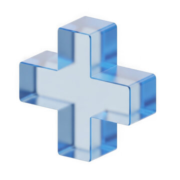 A shiny 3d plus sign symbol made of blue glass material isolated for medical and math design projects in high resolution isolated on white background