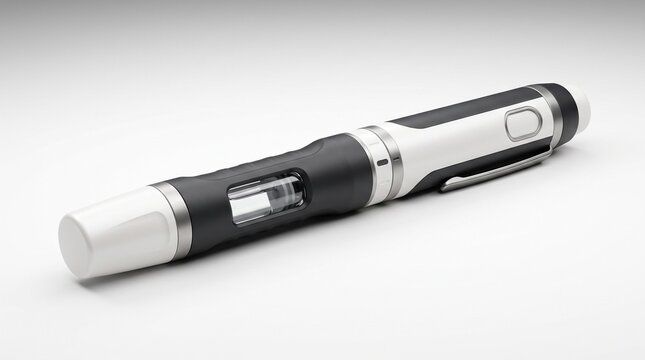 Abnehmspritze. Premium Design Medikamenten Pen f&uuml;r Gewichtsreduktion und medizinische Vorsorge. Vorlage Werbedesign. Muster Spritze. Pr&auml;sentation Werbung.