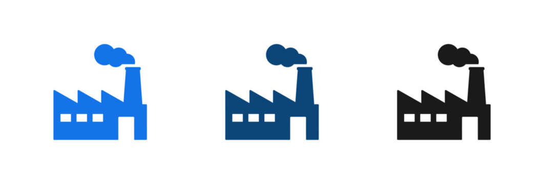 Industrial factory building icons with smoke stack in blue and black colors.
