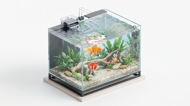 Isometric 3D Render of a Modern Glass Aquarium Aquascape with Fancy Goldfish, Live Plants, and Water Filter