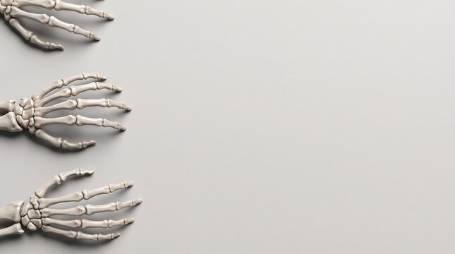 Three silver skeleton hands arranged in a row on a plain light grey background for halloween concepts