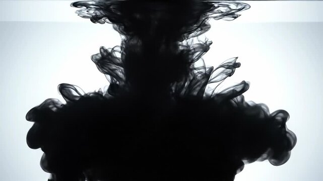 Abstract black ink swirling in water with soft white background artistic fluid motion