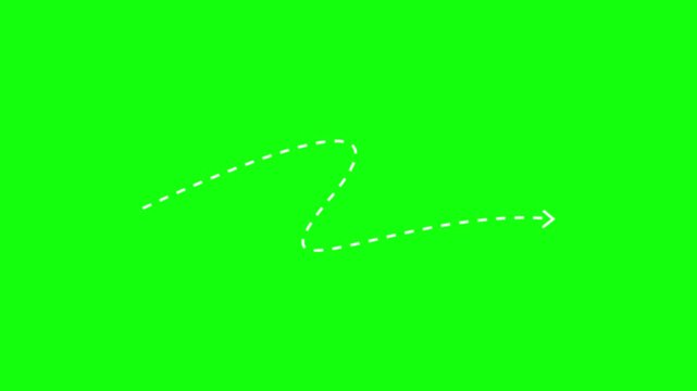 Zigzag arrow animated drawing dashed winding path pointing right forward on 4k green screen background