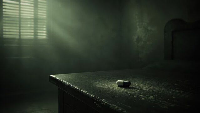 A solitary capsule in a dark empty room symbolizes apathy, despair, emotional pain, hopelessness and the difficult concept of euthanasia.