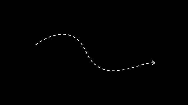 Dashed arrow animated drawing wave path curve pointing right forward on 4k clean black background