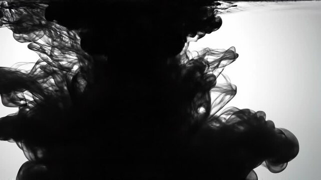 Black ink swirling in clear water creating abstract smoke like patterns and artistic fluid shapes