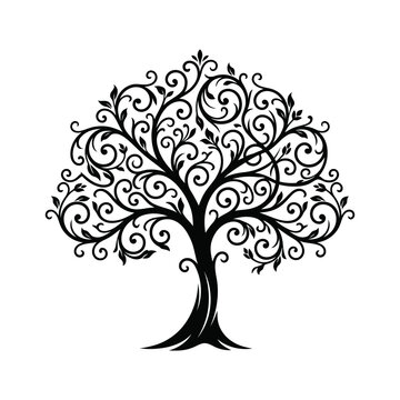 Ornate swirl tree vector, decorative black filigree tree of life, elegant floral branch silhouette for wedding invitations and branding EPS