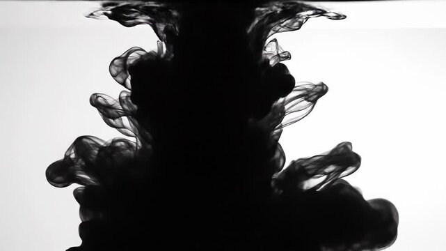 Black ink swirling in water creating abstract smoke shapes on white background